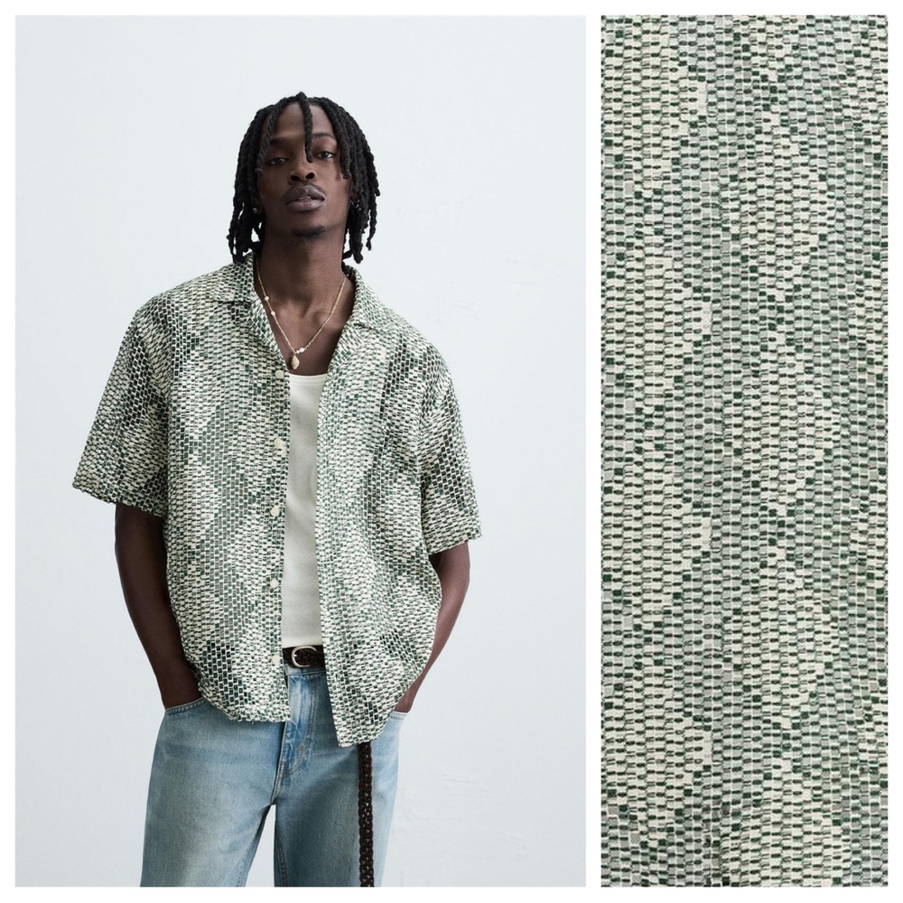 Zara Green and Cream Short-Sleeve Camp Collar Shirt